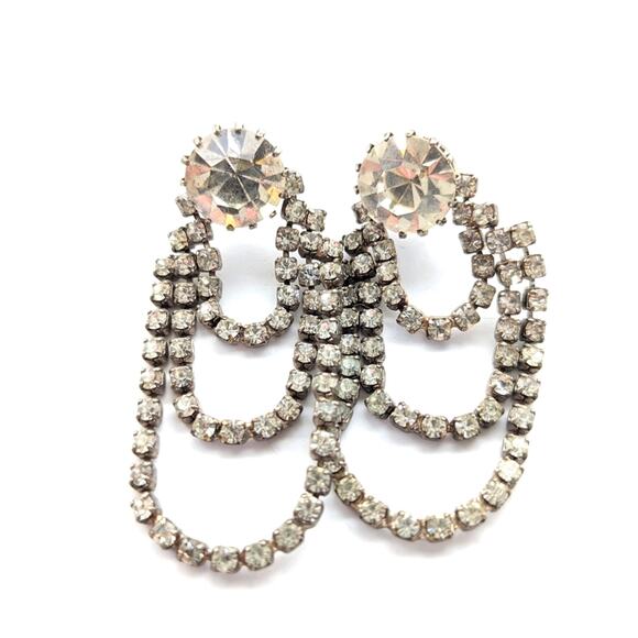 Vintage 50s Retro Glam Silver Tone Rhinestone Pierced Stud Dangle Earrings - Picture 1 of 3